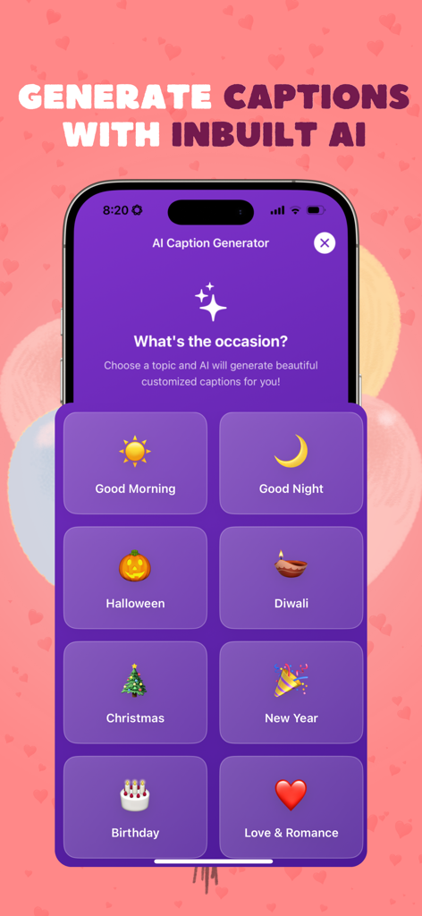 Greeting Card Maker & Invite - Smartphone screen showing an AI caption generator with options for Christmas, Birthdays, and New Year.