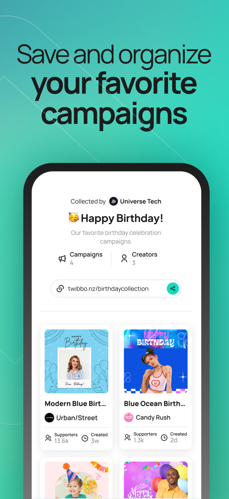 Twibbonize - The Twibbonize app interface showing a birthday campaign collection with various photo frame templates and campaign details.