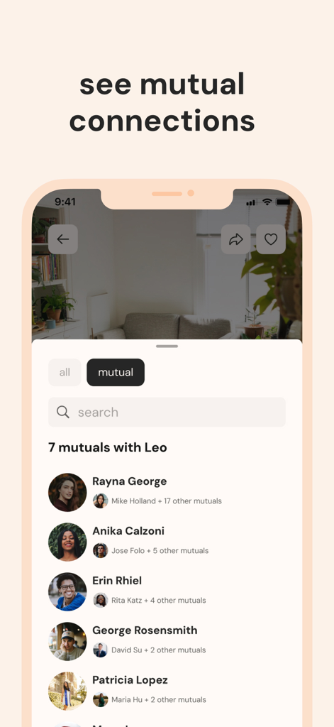 snag sublets - Smartphone screen showing the mutual connections feature in the snag sublets app to build trust with roommates