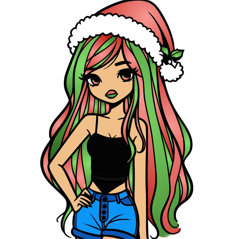 girl with long hair and crop top with christmas hat