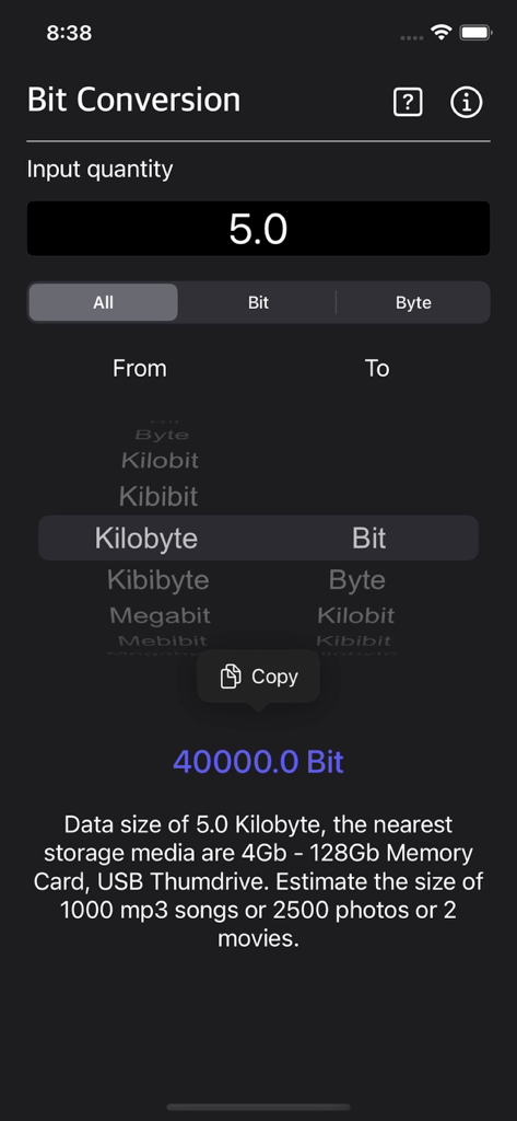 Bit Converter Plus - A mobile app interface of Bit Converter Plus showing a conversion from 5.0 Kilobyte to 40000.0 Bit in dark mode