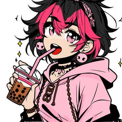 hot baddie anime girl drinking boba and biting the straw