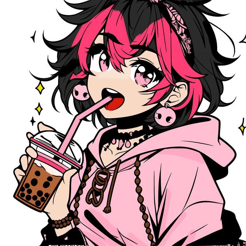 hot baddie anime girl drinking boba and biting the straw