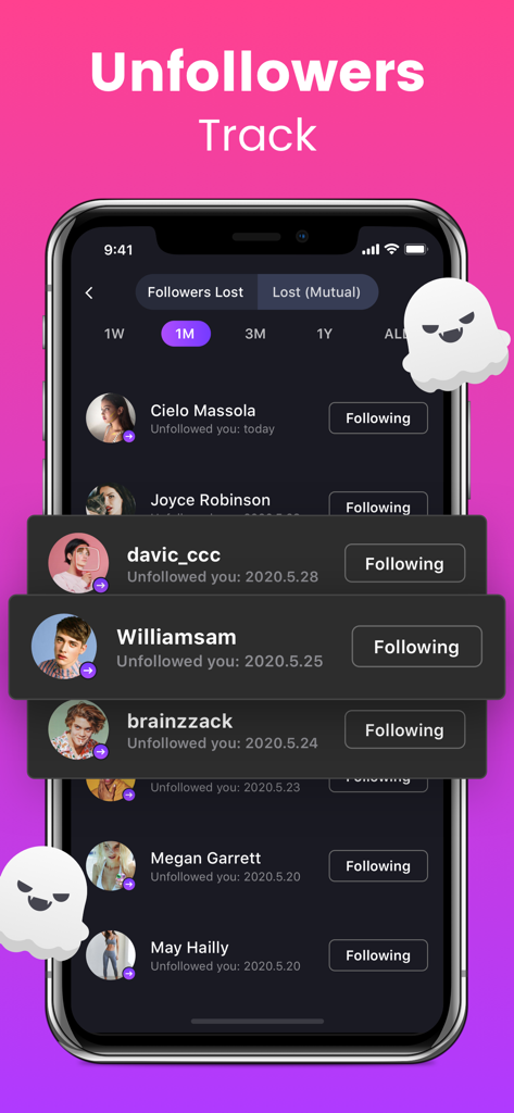 Ig Followers Reports - Ig Followers Reportsアプリのスクリーンショットで、Instagramで最近フォロー解除したユーザーのリストが表示されています