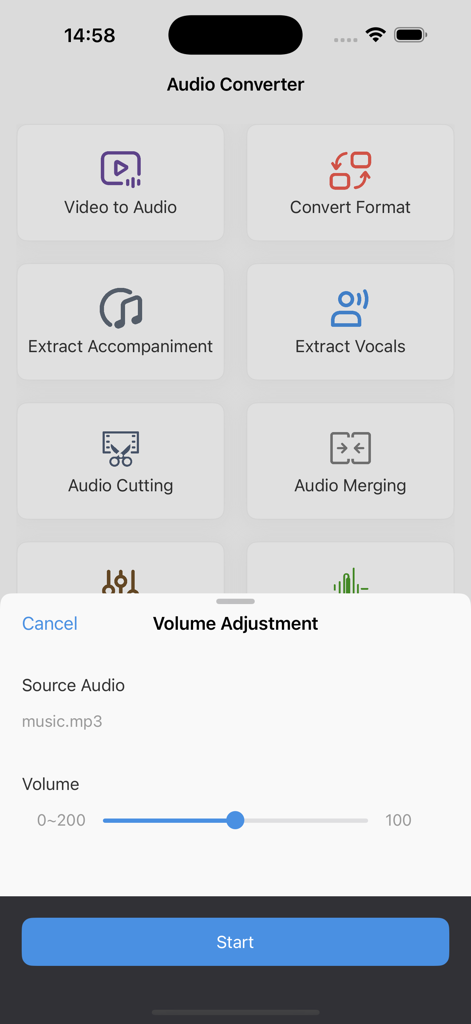 Audio Converter: Audio Editing - Interfaz de aplicación móvil para Audio Converter que muestra un control deslizante de ajuste de volumen sobre varias herramientas de edición de audio
