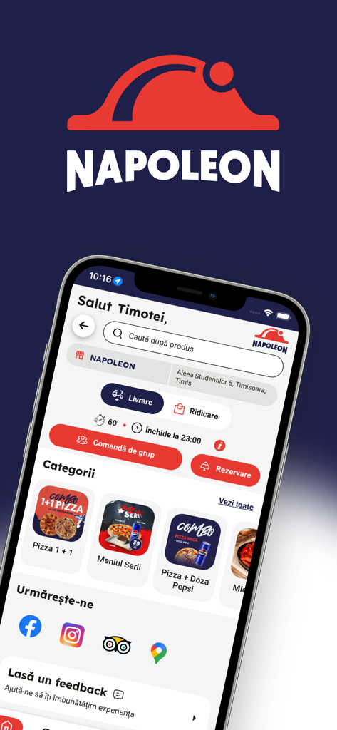 Napoleon - Pantalla de inicio de la app móvil de Napoleon mostrando categorías de comida y opciones de entrega.