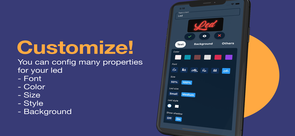 Led Board - Led Banner - A smartphone screen showing customization options for the Led Board app including font color and size settings