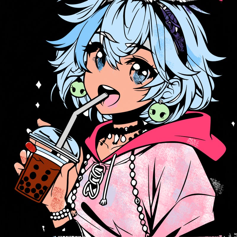 hot baddie anime girl drinking boba and biting the straw