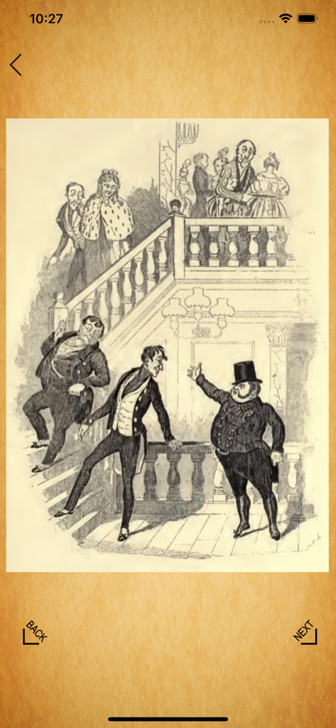 Dickens Books - A Victorian era book illustration showing characters in formal attire on a staircase from the Dickens Books app