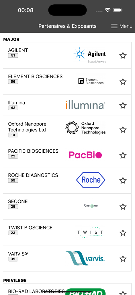 Major exhibitors list in the Assises de Genetique congress app