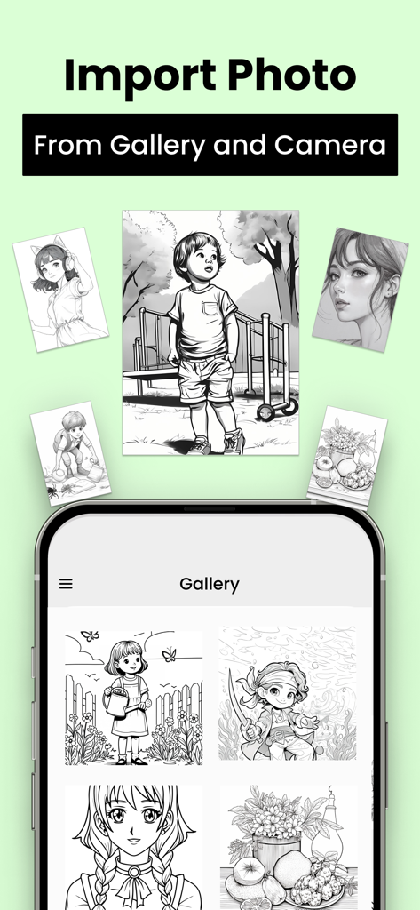 AR Drawing Sketch Paint; Trace - Una interfaz de smartphone que muestra una galería de bocetos y dibujos lineales para importar para trazar y dibujar