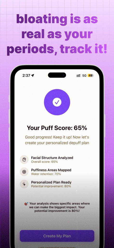 Depuff AI mobile app screen showing a 65 percent puff score with facial structure analysis and a button to create a personalized plan