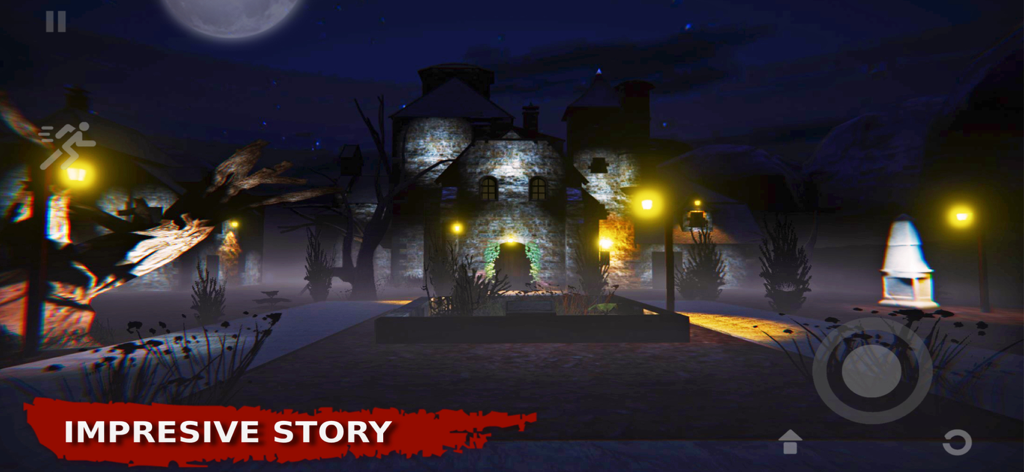 Vista nocturna de un espeluznante exterior de hospital de piedra bajo una luna llena en Horror Hospital 2 Survival