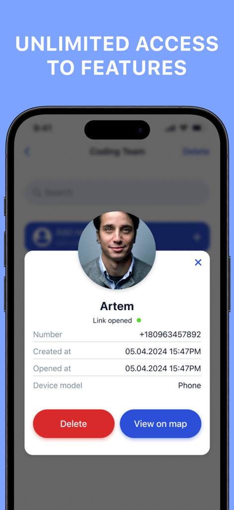 Pantalla de smartphone que muestra los detalles del perfil de usuario con opciones para eliminar o ver en un mapa dentro de la aplicación de localización familiar