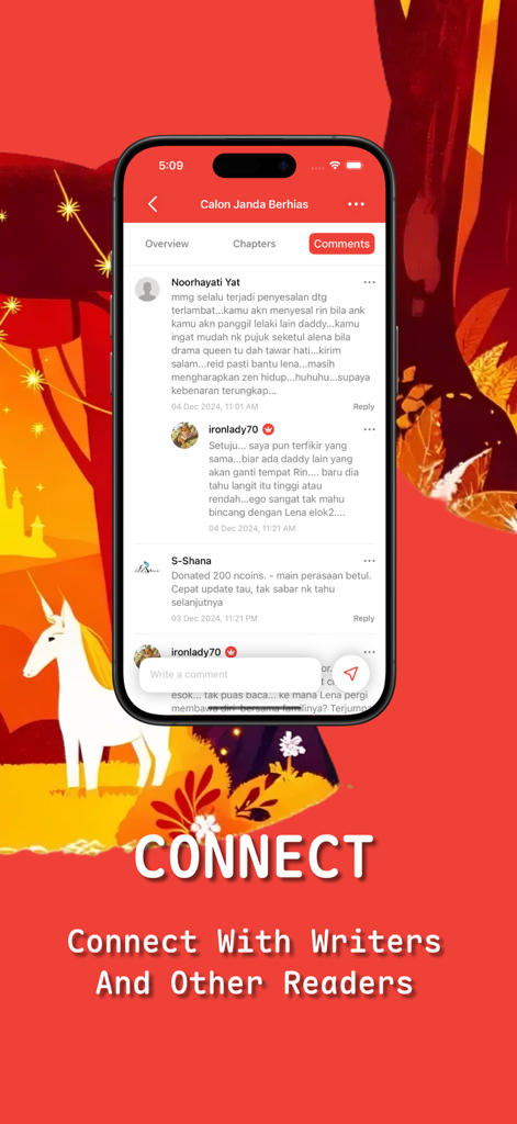 NovelPlus app screen displaying the comments section for community interaction between readers and writers