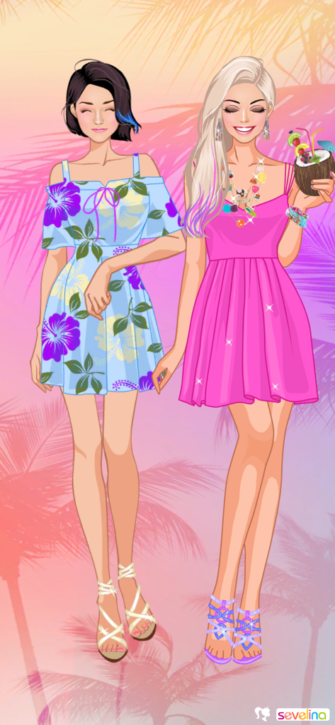 Dos elegantes personajes de chicas con coloridos vestidos de verano posando sobre un fondo de atardecer tropical