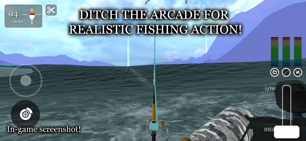 First-person view of casting a fishing line into the ocean with realistic graphics in uCaptain Fishing Boat Game.