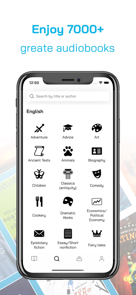 AudioAZ app interface showing a list of audiobook categories including biography classics and adventure