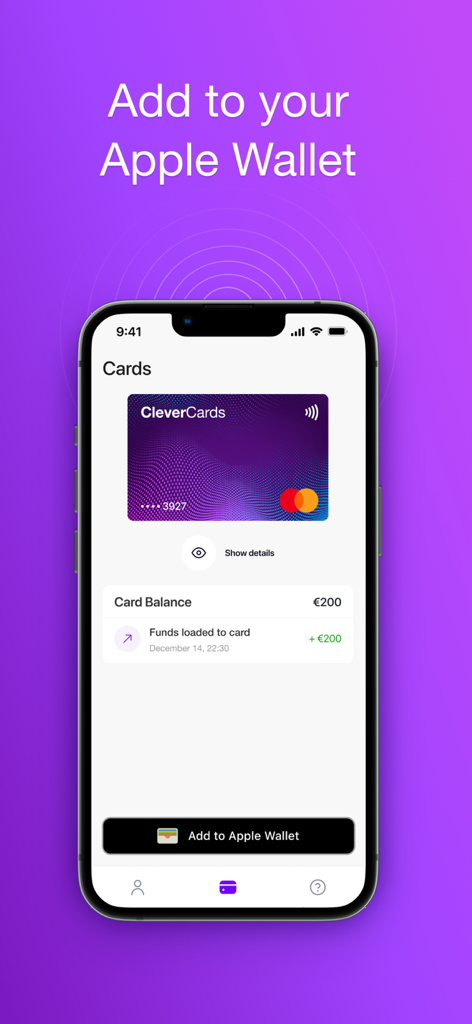 CleverCards app interface on an iPhone showing a virtual Mastercard with a button to add it to Apple Wallet