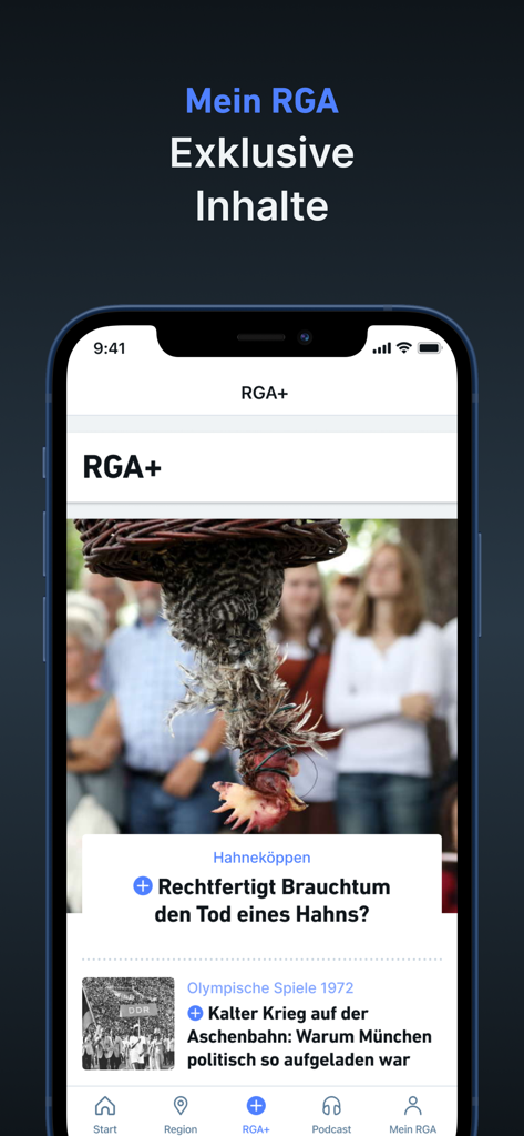 RGA – Nachrichten und Podcast - RGA news app displaying exclusive RGA plus articles on an iPhone