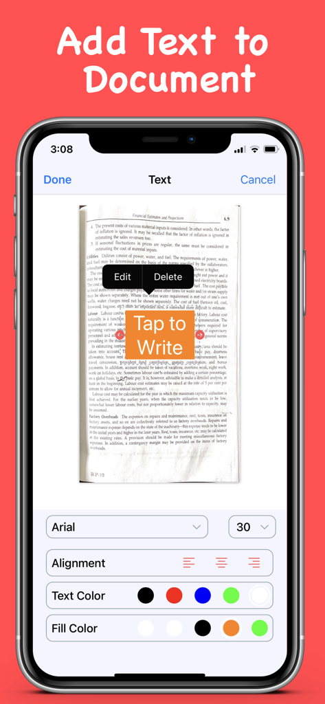 PDF Editor : Text to Speech - Pantalla de iPhone que muestra la función de la aplicación Editor de PDF para agregar y formatear texto en un documento escaneado