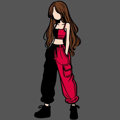 girl in baggy pants crop top and long hair