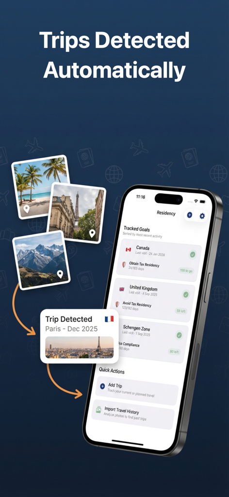 Residency: Visa Day Tracker - Residency app interface showing automatic trip detection from photos and tracked visa goals for Canada and the UK.