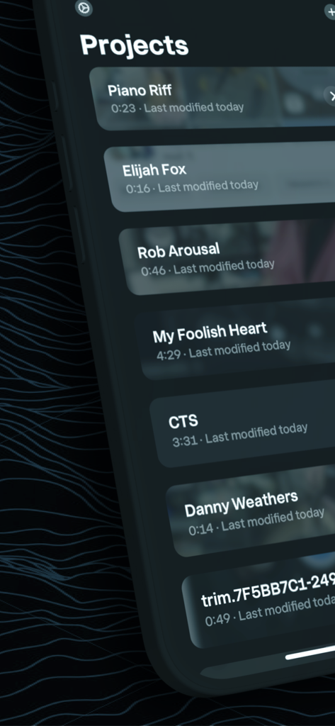 Una lista de proyectos musicales guardados en la interfaz del panel de control de la aplicación BlueNote AI Vocal Remover