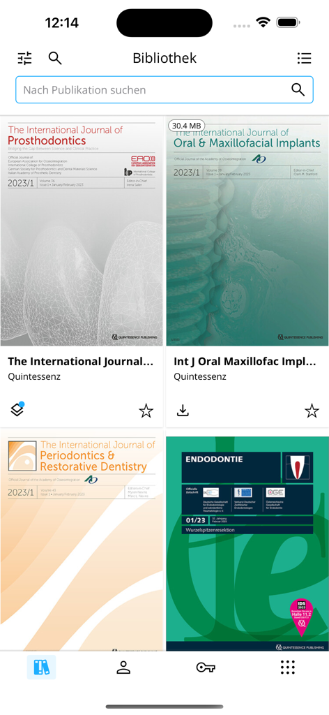Quintessence Journals - Interfaz de biblioteca digital de la aplicación Quintessence Journals que muestra varias portadas de revistas dentales