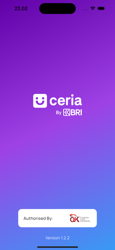 BRI Ceria - A tela de introdução do aplicativo móvel BRI Ceria mostrando o logotipo e a autorização da OJK