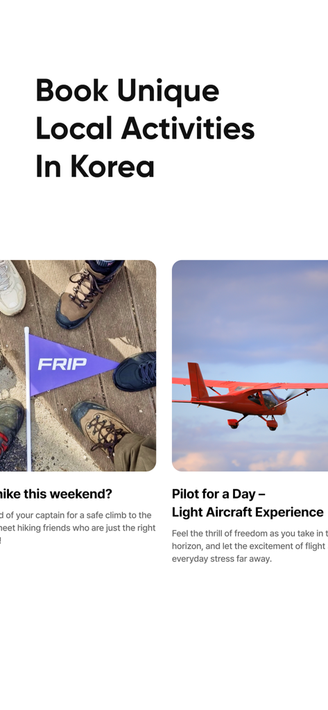 Frip - Experience Korea - Mobile app interface for booking unique local activities in Korea including hiking and pilot experiences