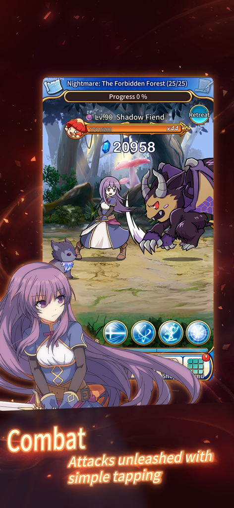 Eternal Senia Hydrangea - エターナルセニア アジサイのゲームプレイ。シンプルなタップ操作でモンスターと戦うアニメキャラクターを表示。