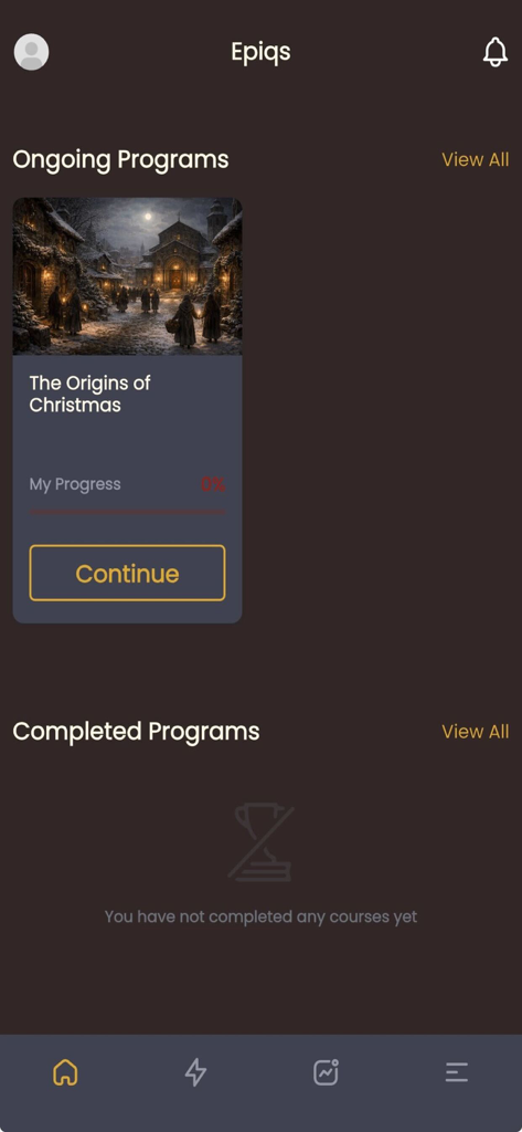 Epiqon - Epiqon app dashboard showing ongoing and completed micro-learning programs including a course on the origins of Christmas