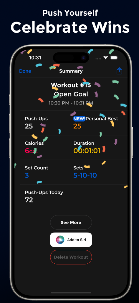 PushFit Pro - Pantalla de resumen de entrenamiento de PushFit Pro que muestra repeticiones de flexiones, mejor marca personal y calorías con confeti de celebración.