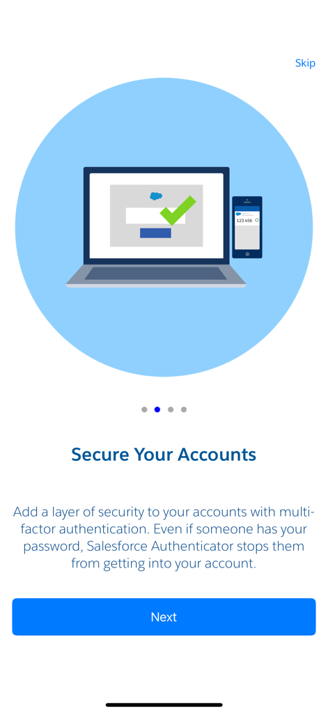 Salesforce Authenticator app onboarding screen titled Secure Your Accounts with a laptop and smartphone illustration.