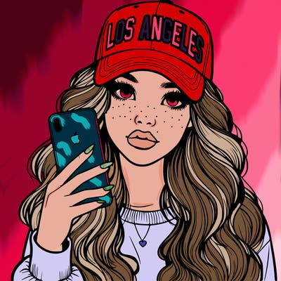 realistic beautiful girl wearing los ángeles cap holding an iphone