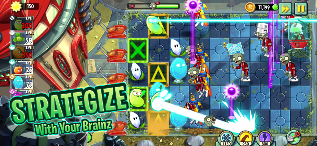 Screenshot di gioco di Plants vs Zombies 2 che mostra piante che difendono una casa da zombie in un'ambientazione futuristica con testo strategico.