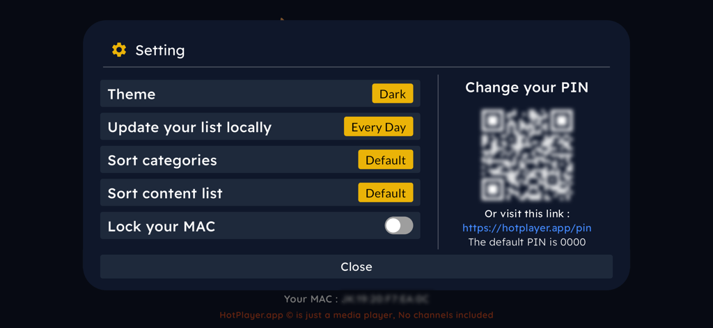Hot Player - Settings menu of Hot Player app displaying customization options and QR code for PIN change
