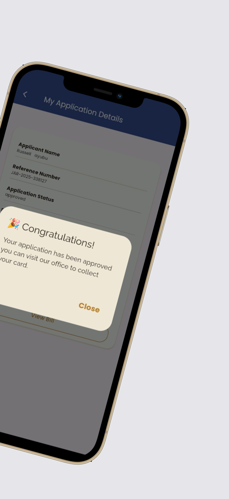 Ein Smartphone-Bildschirm, der eine erfolgreich abgeschlossene Journalistenakkreditierungsanfrage in der TAI-HABARI App anzeigt.