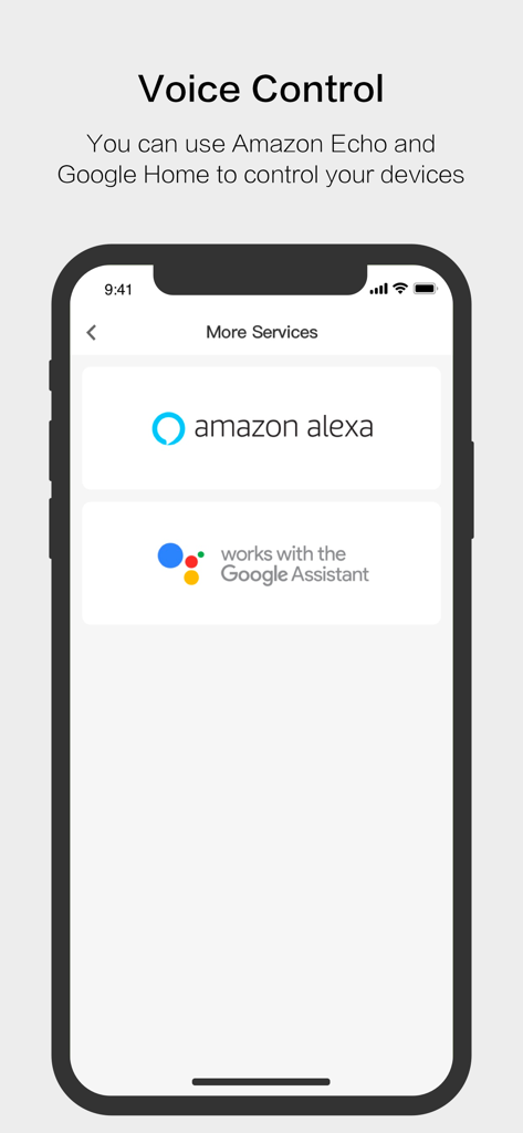 Cloud Intelligence app screen showing integration with Amazon Alexa and Google Assistant for voice control