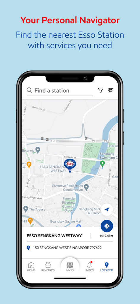 Esso Singapore - A smartphone displaying the Esso Singapore app station locator feature with a map and gas station pin.