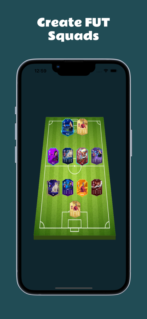 FC 26 FUT Card Squad Creator app interface showing a custom football team lineup on a pitch