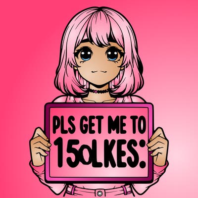 realistic girl holding up a sign that says “pls get me to 15 likes!”