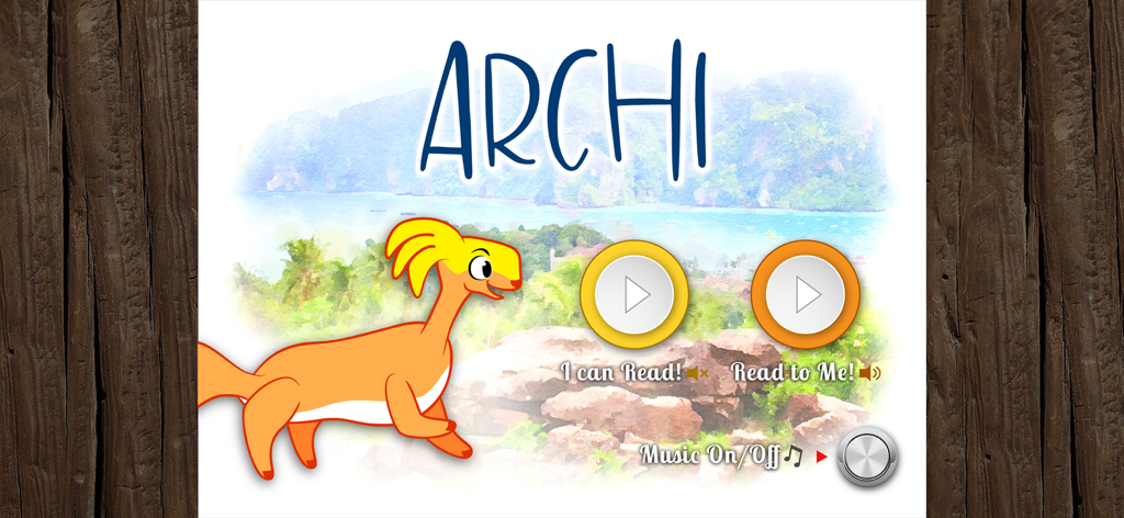 Read Along Book - Archi - La pantalla del menú principal de la aplicación del libro para leer Archi que muestra al personaje Archi con opciones para leer de forma independiente o escuchar la narración.