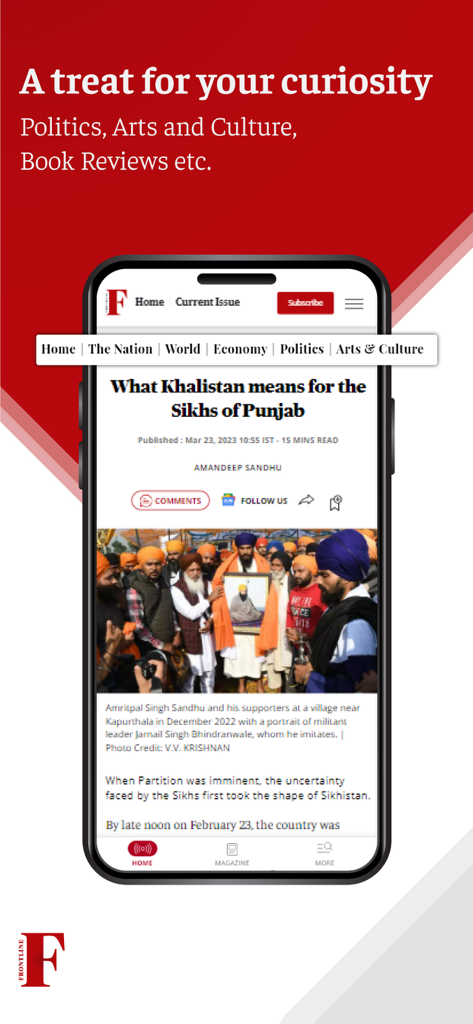 Frontline News Magazine app screenshot displaying a long-form article about the Sikhs of Punjab