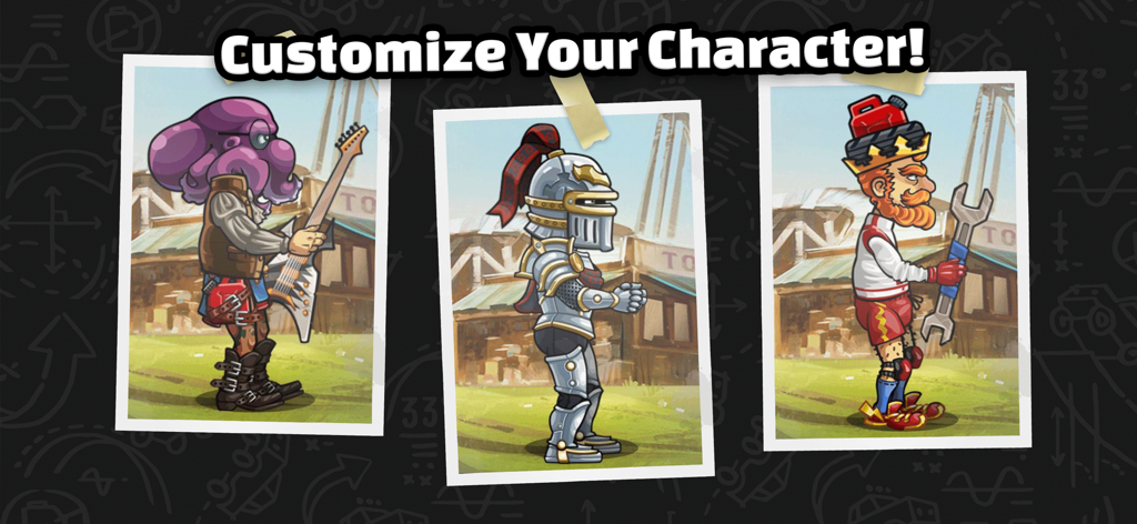 Drei verschiedene Optionen zur Charakteranpassung in Hill Climb Racing 2, darunter ein Oktopus und ein Ritter