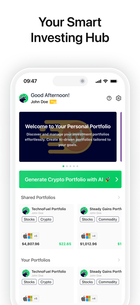 StockGenius: AI Portfolio - StockGenius app home screen showing the smart investing hub with personalized portfolios and AI features