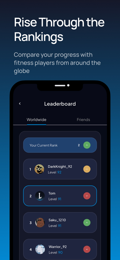 LEVELING: Fitness - Écran du classement mondial dans l'application LEVELING Fitness montrant les rangs et les niveaux des joueurs