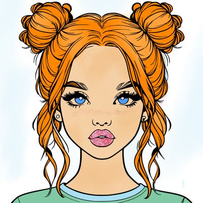 realistic girl with two buns in hair and lips