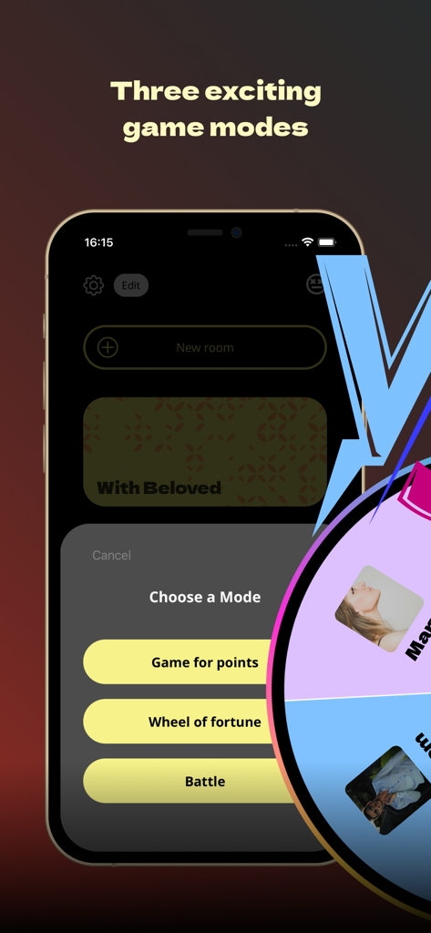 Truth or Dare? Fun Party Game - Truth or Dare app interface showing selection for Game for points, Wheel of fortune, and Battle modes